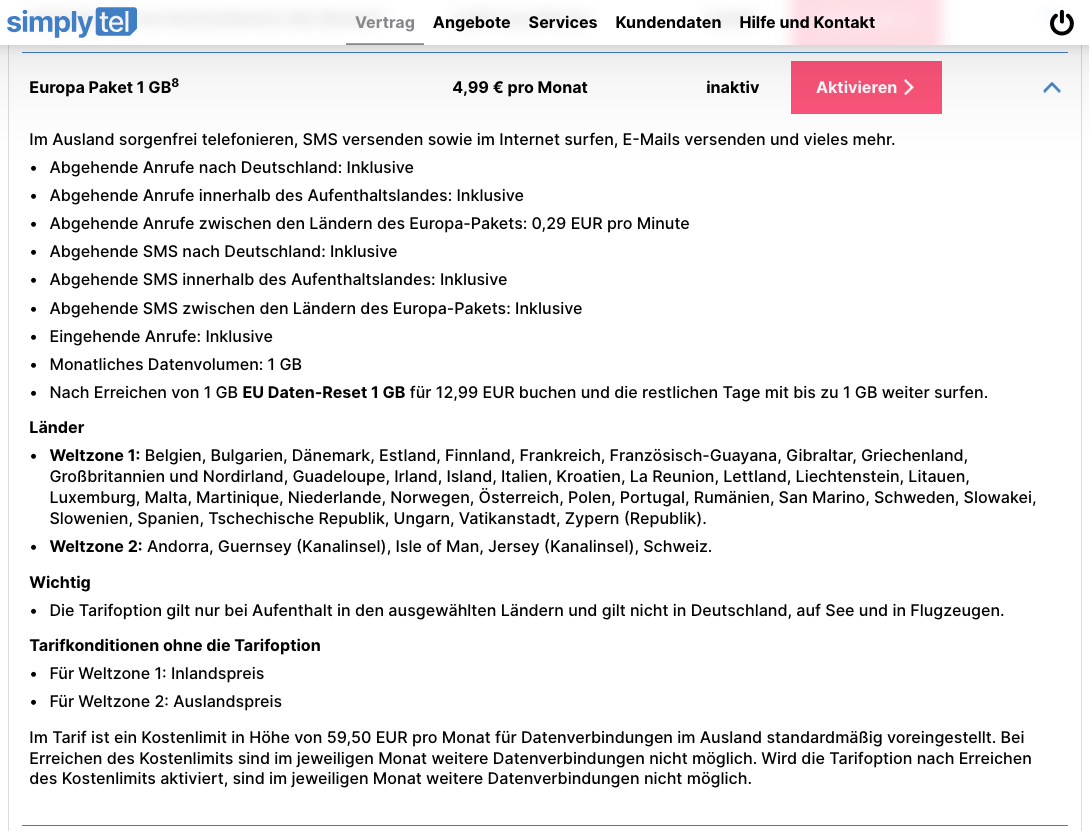 Drillisch Europa Paket für Mobilfunk Vertragskunden.